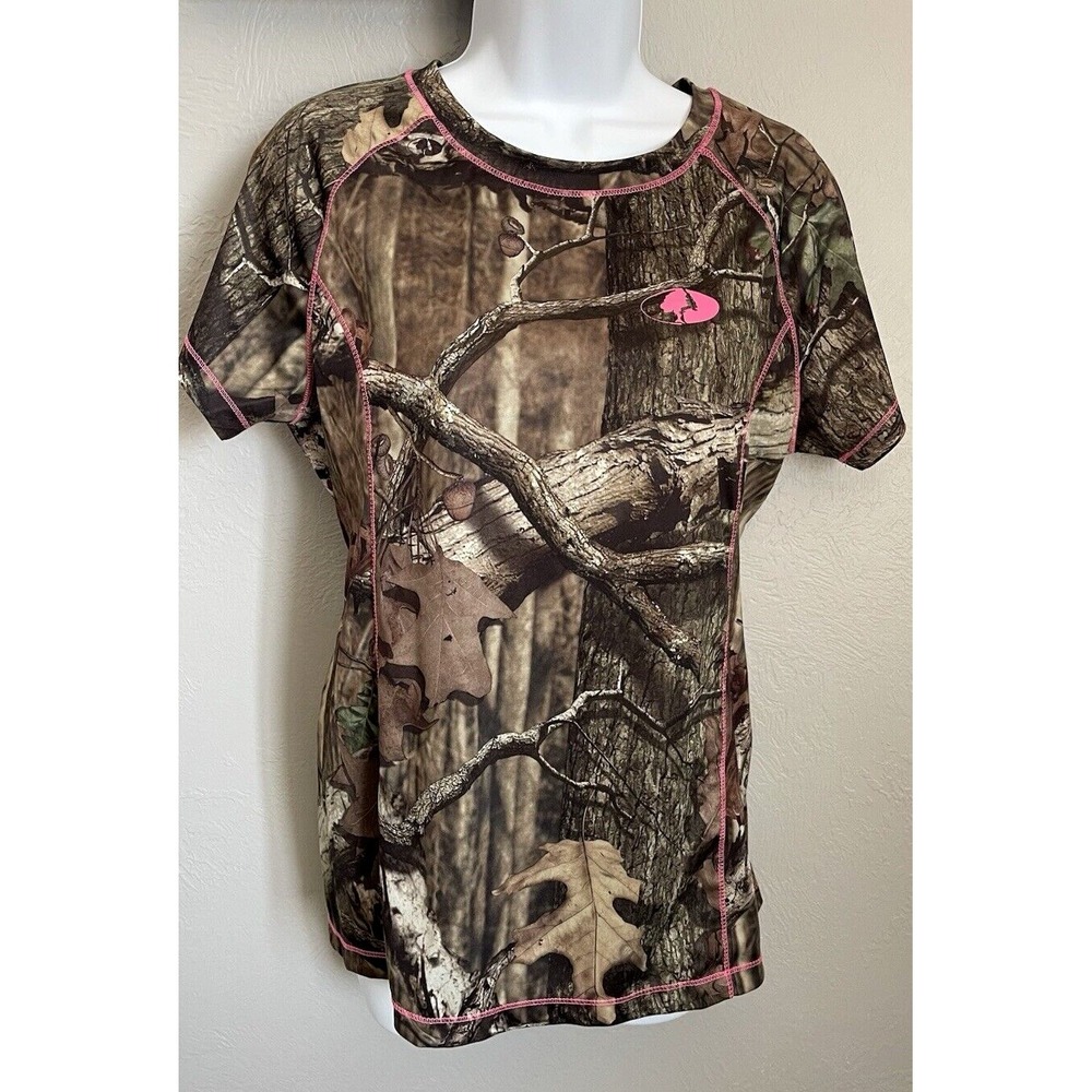 Mossy Oak Womens Short Sleeve Camo Shirt Size Large Pink Logo Hunting Top